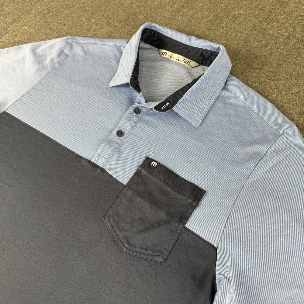 TravisMathew Polo Shirt Mens Large Blue Colorblock Pima Cotton Pocket Peru Golf